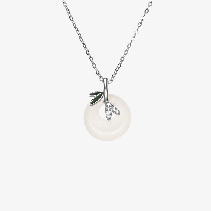 Buddha Stones 925 Sterling Silver Calcedonio Naturale Foglia di Bambù Fibbia della Pace Collana Pendente Positivo