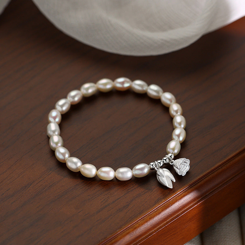 Braccialetto di guarigione in perle naturali con baccello di fiore di loto in argento sterling 999 Buddha Stones - 14-16 cm - image 0