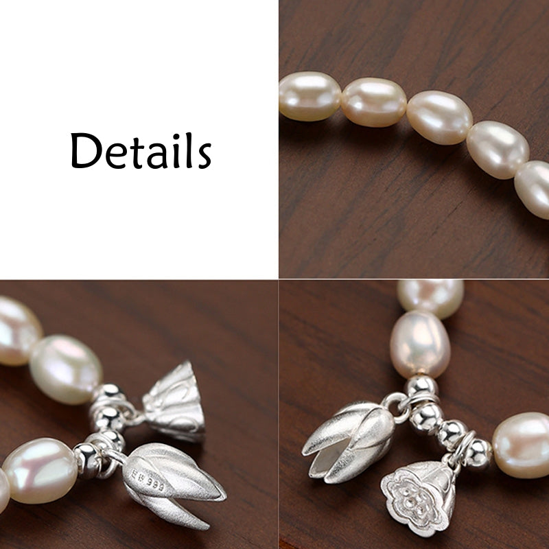 Braccialetto di guarigione in perle naturali con baccello di fiore di loto in argento sterling 999 Buddha Stones