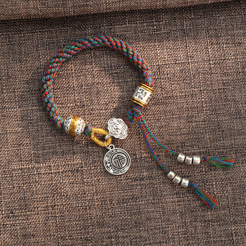 Braccialetto intrecciato con carattere fortunato tibetano Om Mani Padme Hum Fu fatto a mano con Buddha Stones