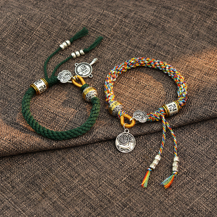 Braccialetto intrecciato con carattere fortunato tibetano Om Mani Padme Hum Fu fatto a mano con Buddha Stones