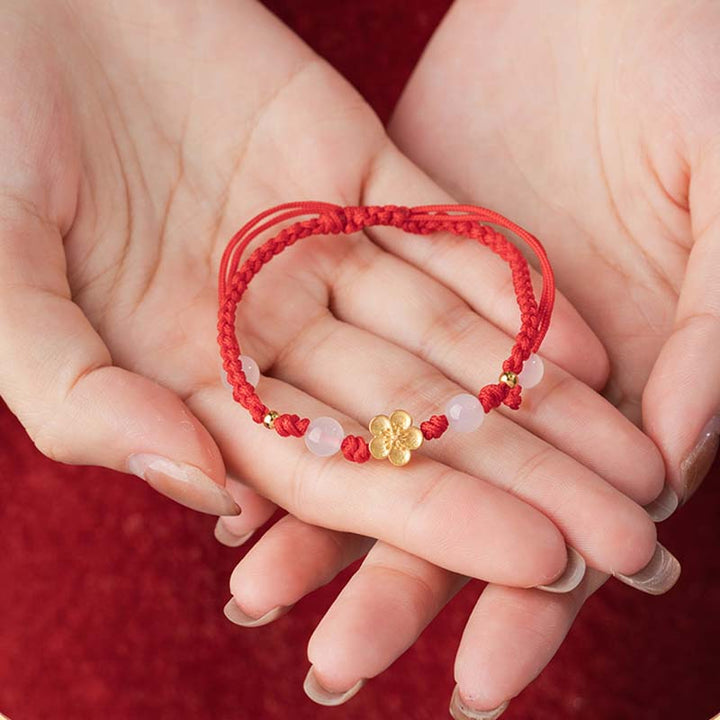 Braccialetto in corda rossa con perline di calcedonio, fatto a mano in argento sterling 925, con fiori di pesco, ciliegio, sakura e Buddha Stones