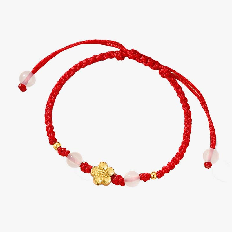 Braccialetto in corda rossa con perline di calcedonio, fatto a mano in argento sterling 925, con fiori di pesco, ciliegio, sakura e Buddha Stones