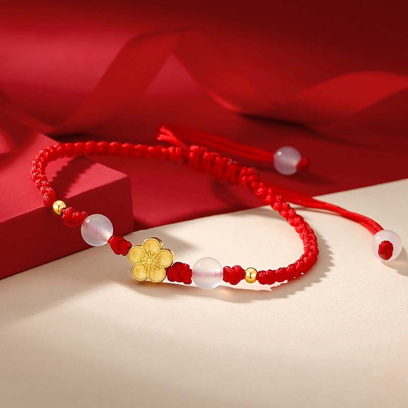 Braccialetto in corda rossa con perline di calcedonio, fatto a mano in argento sterling 925, con fiori di pesco, ciliegio, sakura e Buddha Stones
