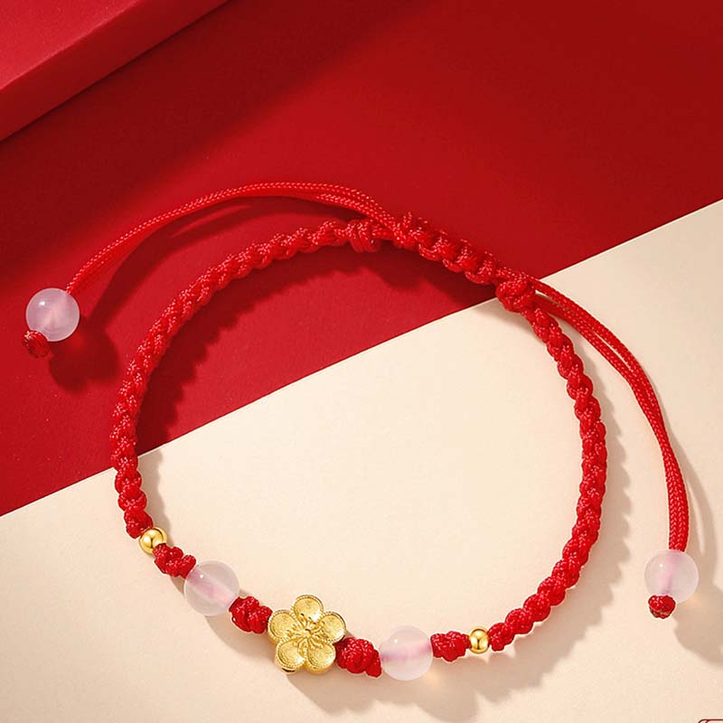 Braccialetto in corda rossa con perline di calcedonio, fatto a mano in argento sterling 925, con fiori di pesco, ciliegio, sakura e Buddha Stones