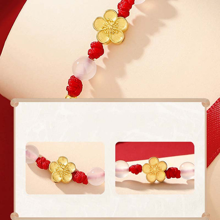 Braccialetto in corda rossa con perline di calcedonio, fatto a mano in argento sterling 925, con fiori di pesco, ciliegio, sakura e Buddha Stones
