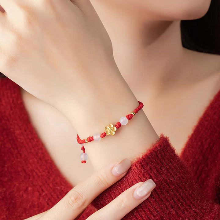 Braccialetto in corda rossa con perline di calcedonio, fatto a mano in argento sterling 925, con fiori di pesco, ciliegio, sakura e Buddha Stones