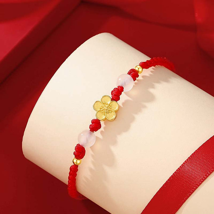Braccialetto in corda rossa con perline di calcedonio, fatto a mano in argento sterling 925, con fiori di pesco, ciliegio, sakura e Buddha Stones