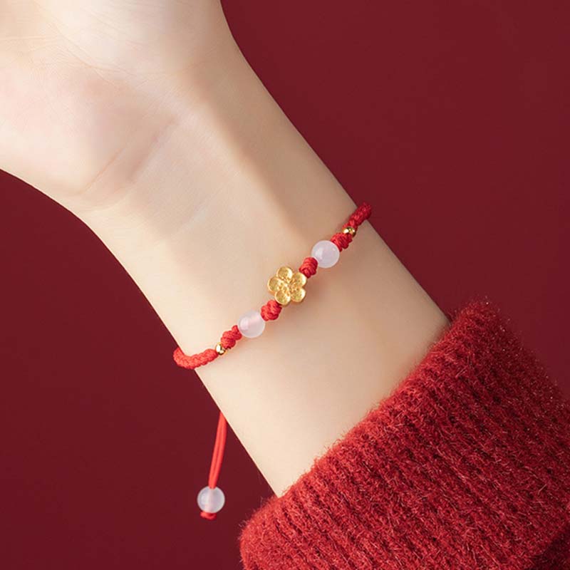 Braccialetto in corda rossa con perline di calcedonio, fatto a mano in argento sterling 925, con fiori di pesco, ciliegio, sakura e Buddha Stones