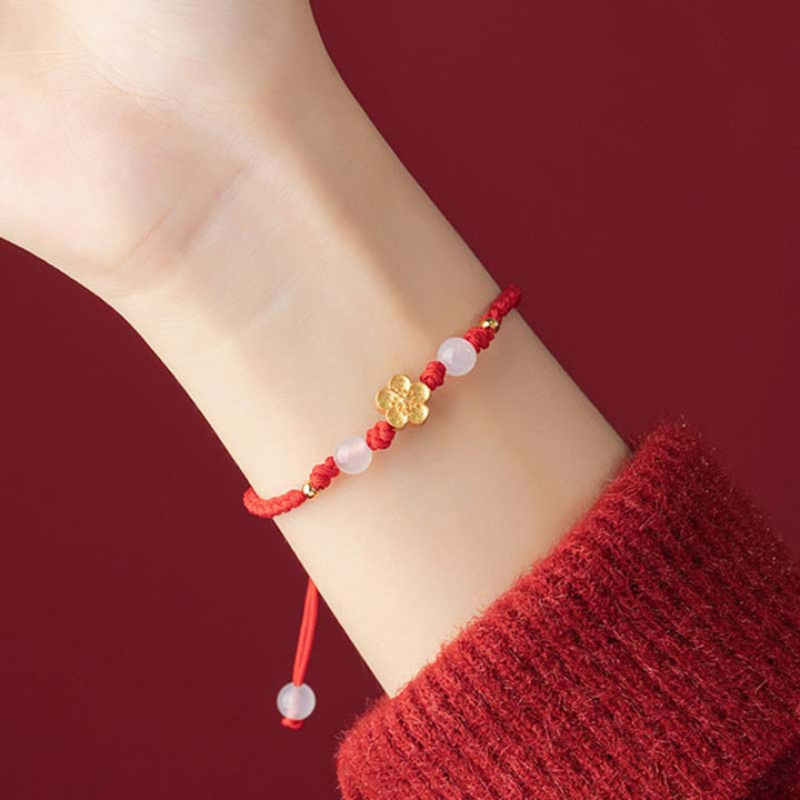Braccialetto in corda rossa con perline di calcedonio, fatto a mano in argento sterling 925, con fiori di pesco, ciliegio, sakura e Buddha Stones