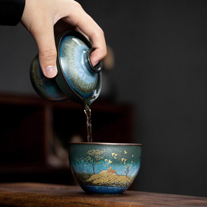 Tazza da tè in ceramica Buddha Stones Deer Mountain Trees Lovely Cat Tazza da tè nera con coperchio e borsa