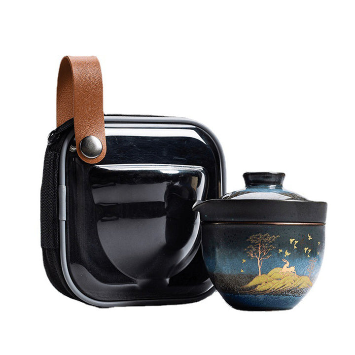 Tazza da tè in ceramica Buddha Stones Deer Mountain Trees Lovely Cat Tazza da tè nera con coperchio e borsa