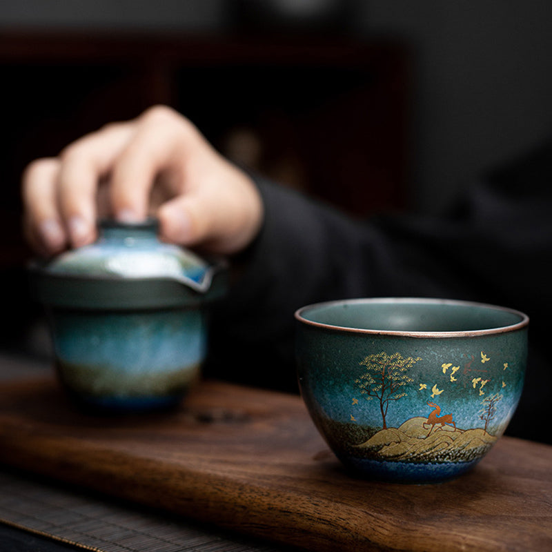Tazza da tè in ceramica Buddha Stones Deer Mountain Trees Lovely Cat Tazza da tè nera con coperchio e borsa