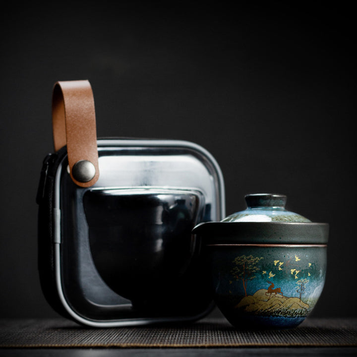 Tazza da tè in ceramica Buddha Stones Deer Mountain Trees Lovely Cat Tazza da tè nera con coperchio e borsa