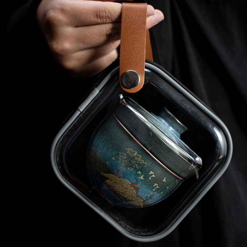 Tazza da tè in ceramica Buddha Stones Deer Mountain Trees Lovely Cat Tazza da tè nera con coperchio e borsa - image 6