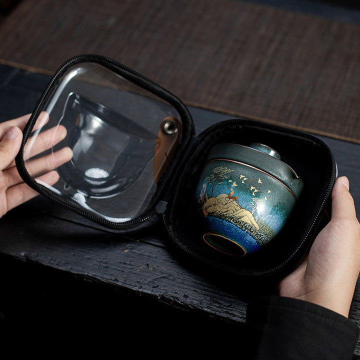 Tazza da tè in ceramica Buddha Stones Deer Mountain Trees Lovely Cat Tazza da tè nera con coperchio e borsa