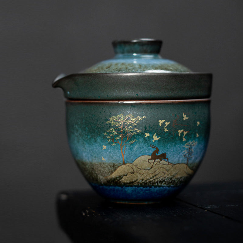 Tazza da tè in ceramica Buddha Stones Deer Mountain Trees Lovely Cat Tazza da tè nera con coperchio e borsa