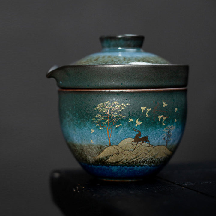Tazza da tè in ceramica Buddha Stones Deer Mountain Trees Lovely Cat Tazza da tè nera con coperchio e borsa