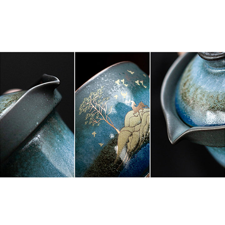 Tazza da tè in ceramica Buddha Stones Deer Mountain Trees Lovely Cat Tazza da tè nera con coperchio e borsa