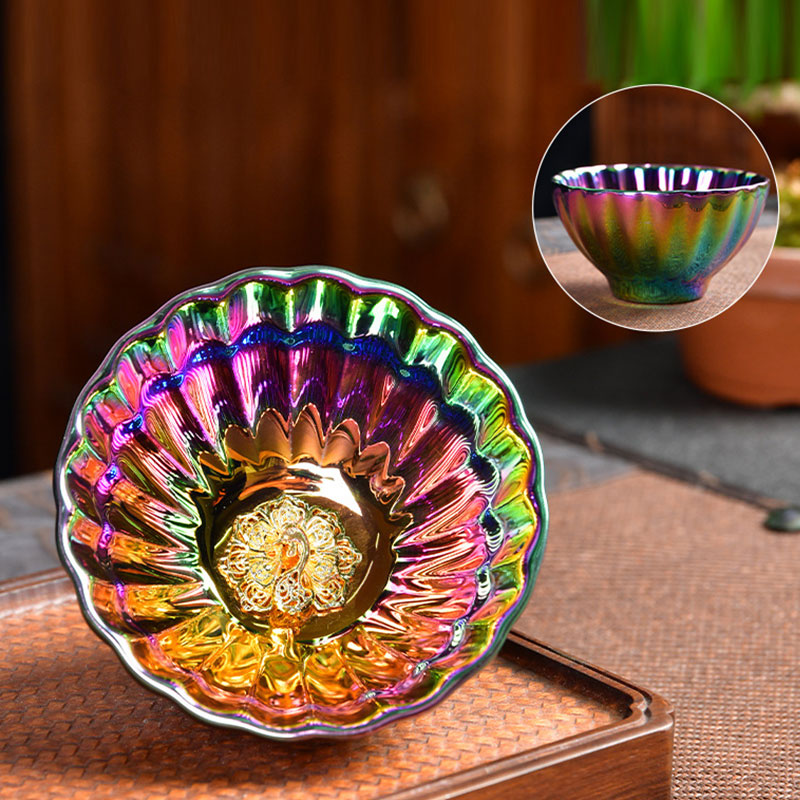 Buddha Stones Loto Pavone Intarsiato Multicolore Cinese Jianzhan Tazza da Tè in Ceramica Tazza da Tè Kung Fu