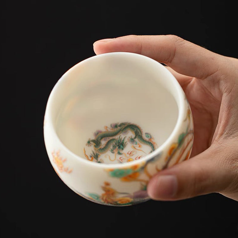 Buddha Stones Drago Fenice Nuvole di buon auspicio Tazza da tè in ceramica Tazza da tè Kung Fu
