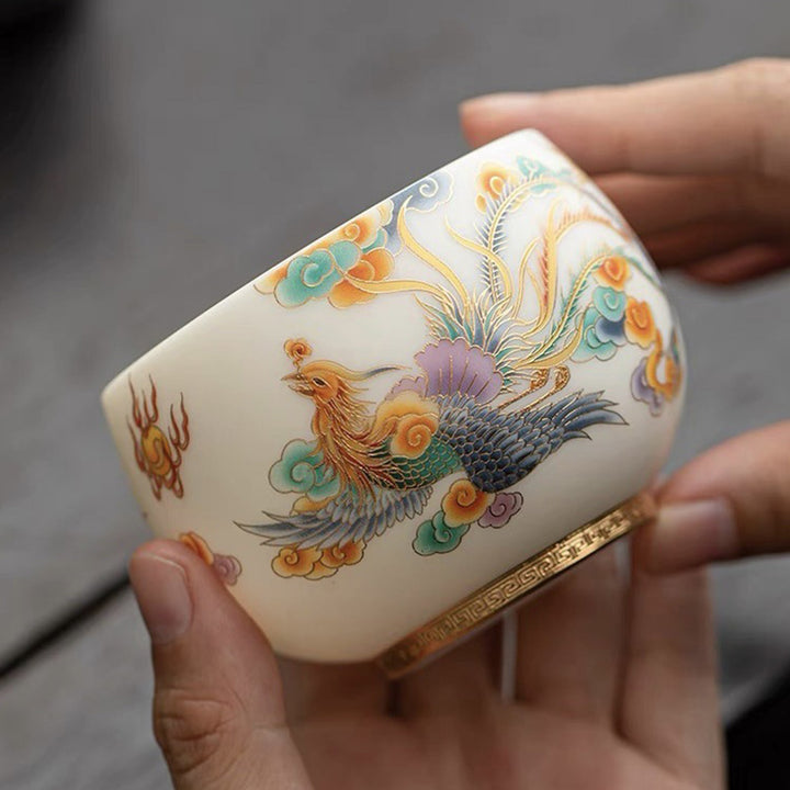 Buddha Stones Drago Fenice Nuvole di buon auspicio Tazza da tè in ceramica Tazza da tè Kung Fu