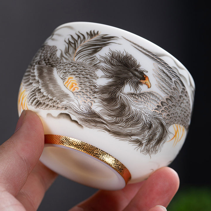 Buddha Stones Phoenix Tazza da tè in porcellana bianca in ceramica Tazza da tè Kung Fu 185 ml con scatola regalo