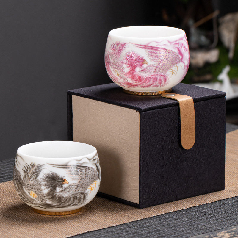 Buddha Stones Phoenix Tazza da tè in porcellana bianca in ceramica Tazza da tè Kung Fu 185 ml con scatola regalo