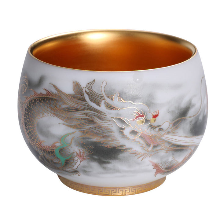 Buddha Stones Drago Zucca Dorata Ceramica Porcellana Bianca Tazza da Tè Kung Fu Tazza da Tè 160ml