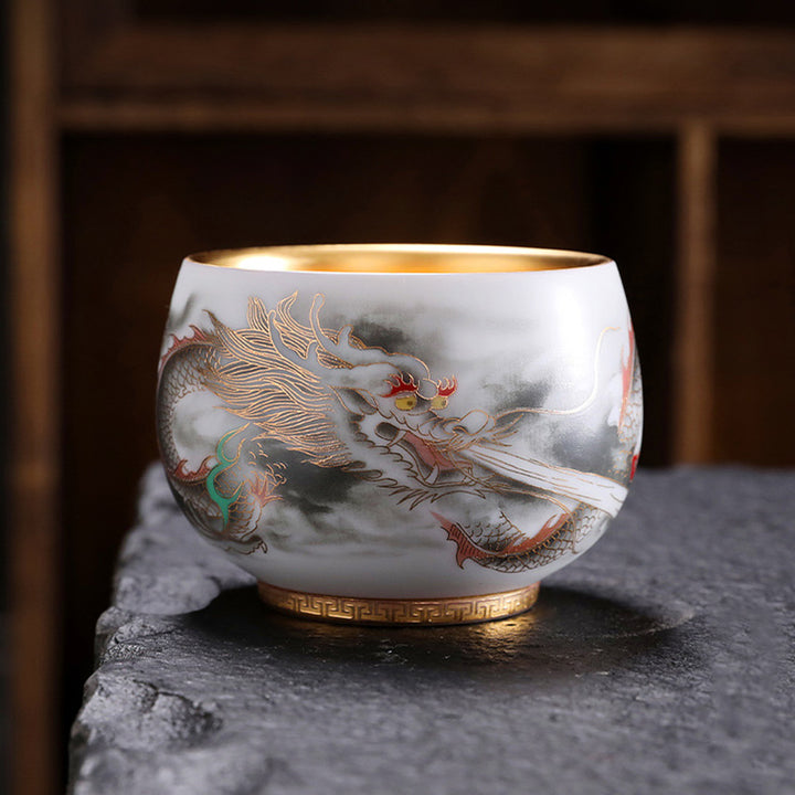 Buddha Stones Drago Zucca Dorata Ceramica Porcellana Bianca Tazza da Tè Kung Fu Tazza da Tè 160ml