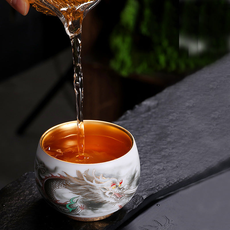 Buddha Stones Drago Zucca Dorata Ceramica Porcellana Bianca Tazza da Tè Kung Fu Tazza da Tè 160ml