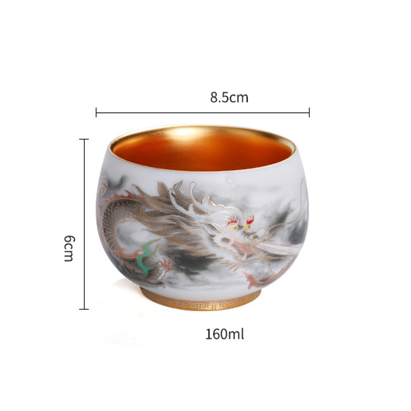 Buddha Stones Drago Zucca Dorata Ceramica Porcellana Bianca Tazza da Tè Kung Fu Tazza da Tè 160ml