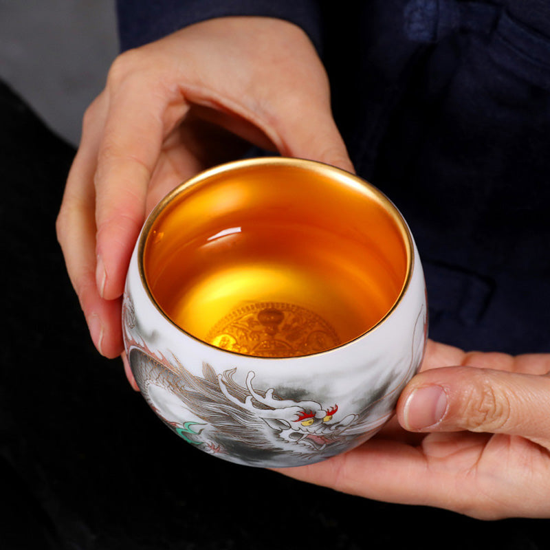 Buddha Stones Drago Zucca Dorata Ceramica Porcellana Bianca Tazza da Tè Kung Fu Tazza da Tè 160ml