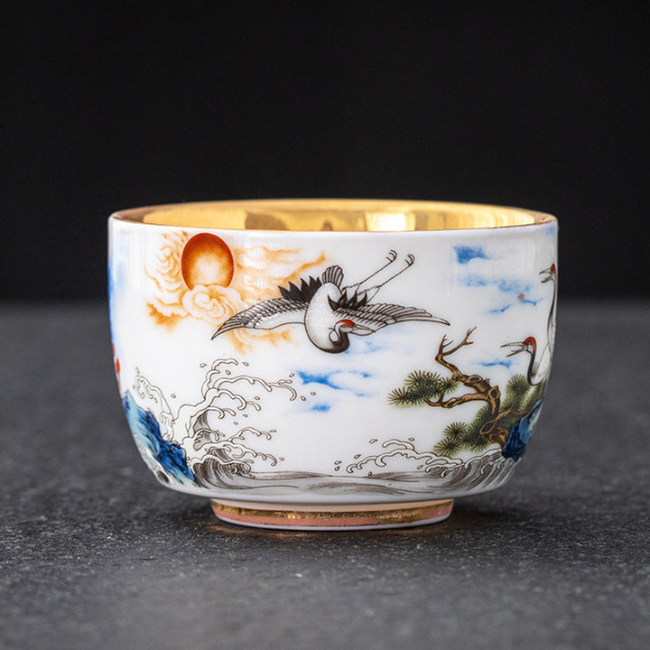 Buddha Stones Drago Fenice Gru Sole Oceano Onde Tazza da tè in ceramica dorata Tazza da tè Kung Fu 170ml