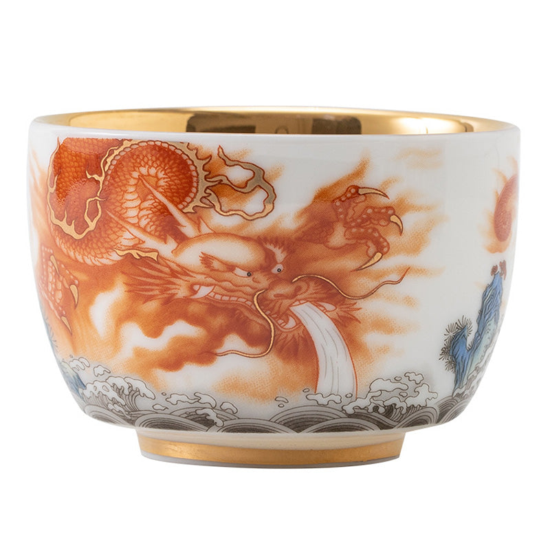 Buddha Stones Drago Fenice Gru Sole Oceano Onde Tazza da tè in ceramica dorata Tazza da tè Kung Fu 170ml