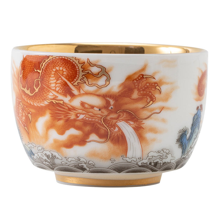 Buddha Stones Drago Fenice Gru Sole Oceano Onde Tazza da tè in ceramica dorata Tazza da tè Kung Fu 170ml