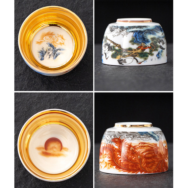 Buddha Stones Drago Fenice Gru Sole Oceano Onde Tazza da tè in ceramica dorata Tazza da tè Kung Fu 170ml