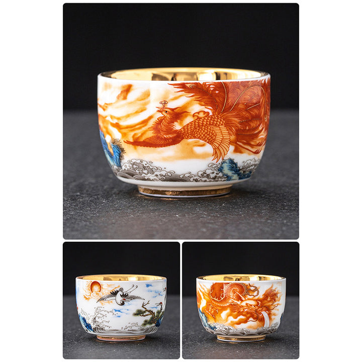 Buddha Stones Drago Fenice Gru Sole Oceano Onde Tazza da tè in ceramica dorata Tazza da tè Kung Fu 170ml