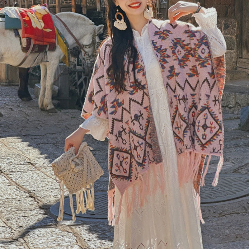 Buddha Stones tibetano con motivo geometrico a righe, invernale, comodo da viaggio, lavorato a maglia - image 9