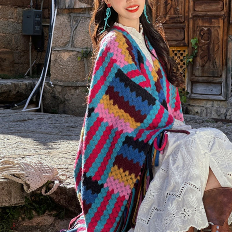 Scialle tibetano Buddha Stones , motivo intrecciato, colore caramella, invernale, comodo da viaggio, lavorato a maglia, con nappe - image 3