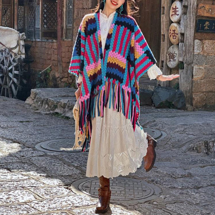 Scialle tibetano Buddha Stones , motivo intrecciato, colore caramella, invernale, comodo da viaggio, lavorato a maglia, con nappe - image 7