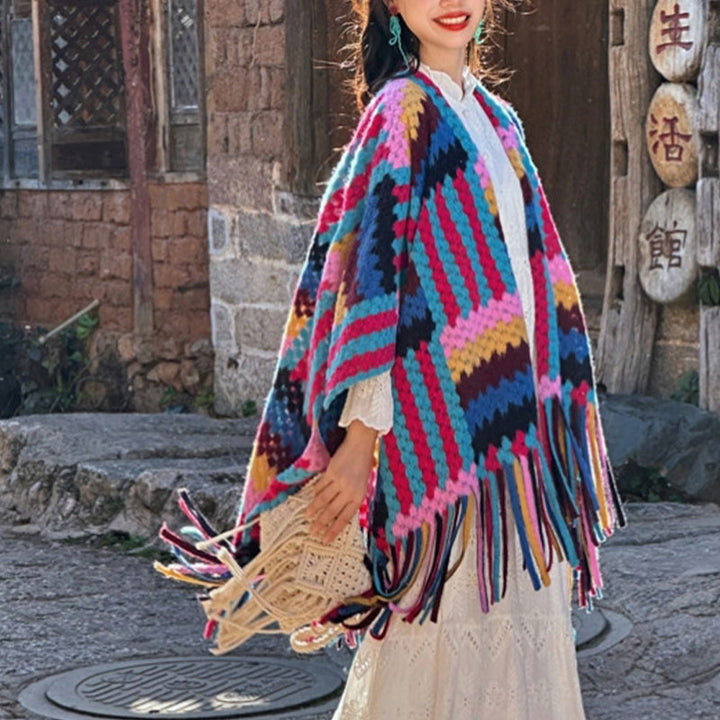 Scialle tibetano Buddha Stones , motivo intrecciato, colore caramella, invernale, comodo da viaggio, lavorato a maglia, con nappe - image 5