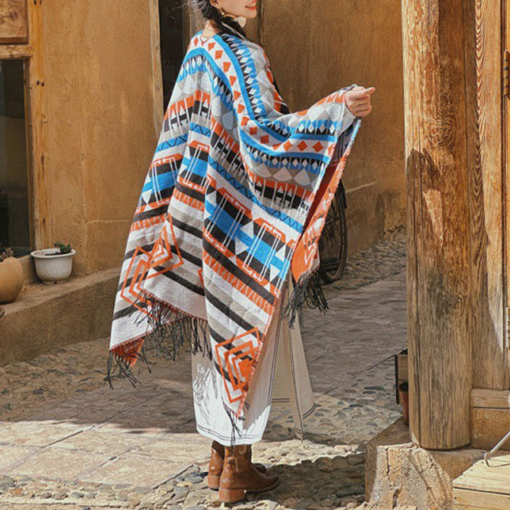 Buddha Stones tibetano con motivo geometrico a righe, invernale, comodo da viaggio, con nappe - Grigio blu 130*150cm - image 0