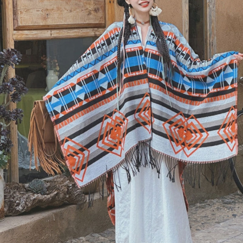 Buddha Stones tibetano con motivo geometrico a righe, invernale, comodo da viaggio, con nappe - image 1