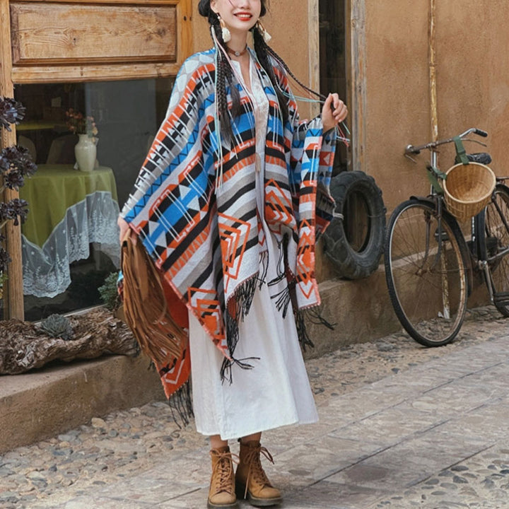 Buddha Stones tibetano con motivo geometrico a righe, invernale, comodo da viaggio, con nappe - image 2