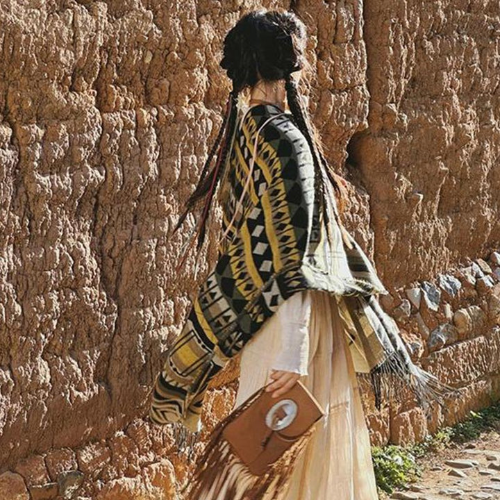 Buddha Stones tibetano con motivo geometrico a righe, invernale, comodo da viaggio, con nappe - image 9