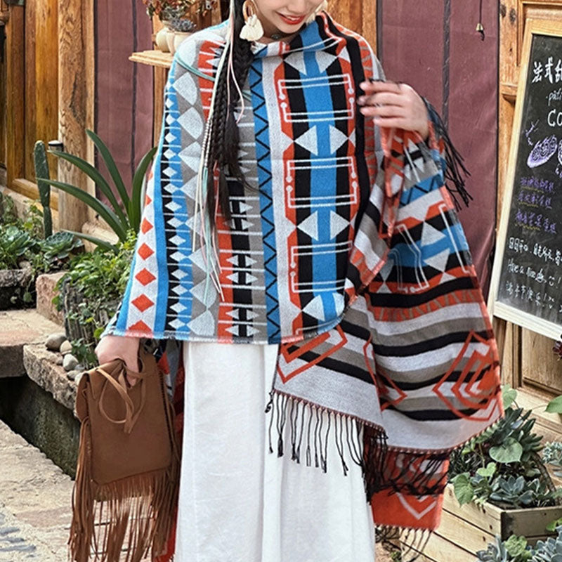 Buddha Stones tibetano con motivo geometrico a righe, invernale, comodo da viaggio, con nappe - image 4