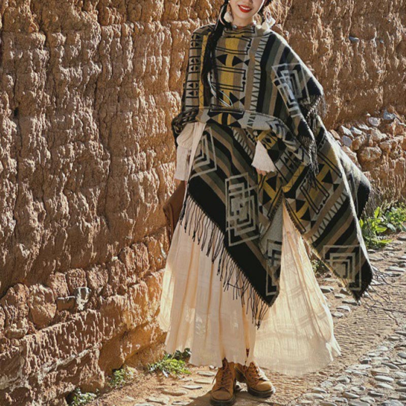 Buddha Stones tibetano con motivo geometrico a righe, invernale, comodo da viaggio, con nappe - Marrone Grigio 130*150cm - image 6