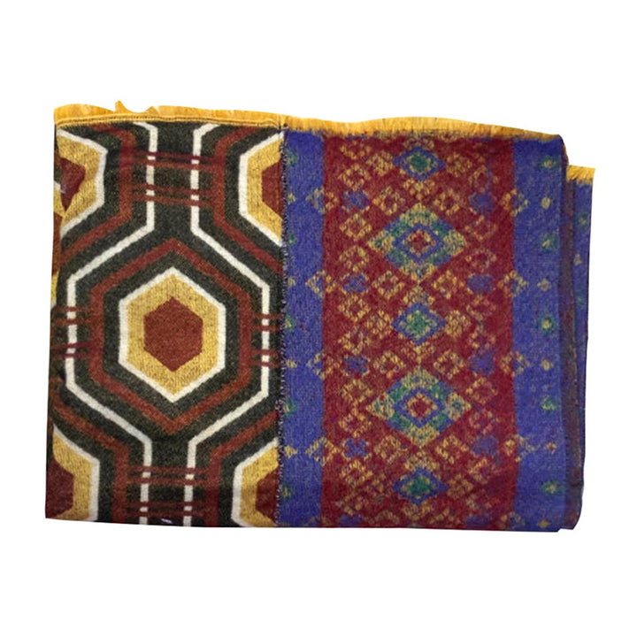 Scialle tibetano con Buddha Stones , marrone, blu, rosso, motivo geometrico, invernale, comodo, da viaggio