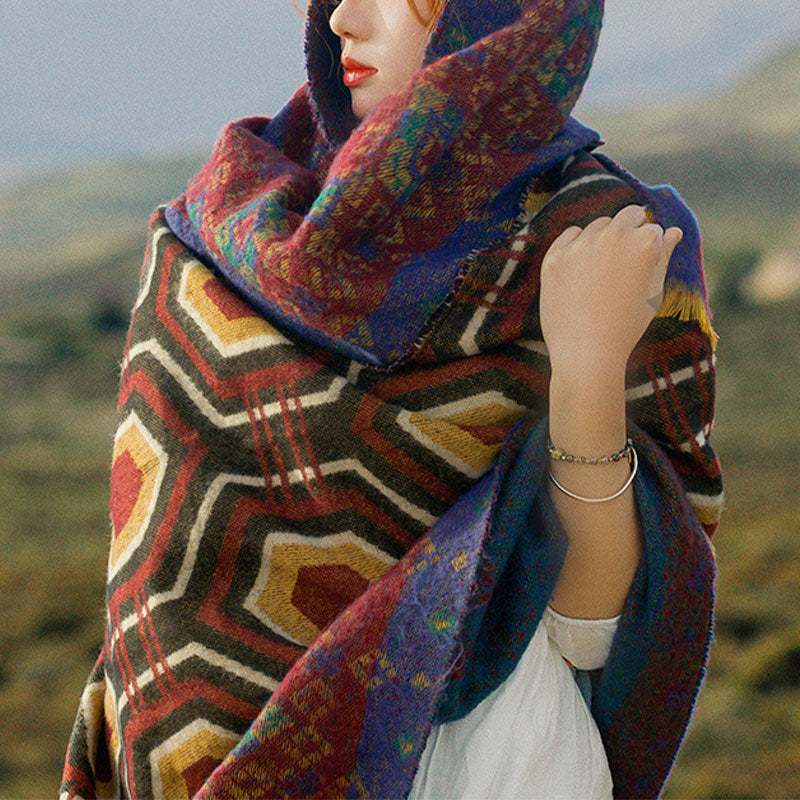 Scialle tibetano con Buddha Stones , marrone, blu, rosso, motivo geometrico, invernale, comodo, da viaggio